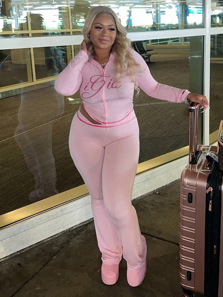 Kliou Letter Print Casual 2 Piece Set Woman Autumn Trend Full Sleeve Hooded Zip Jacket+Straight Trousers Street Fashion Outfits