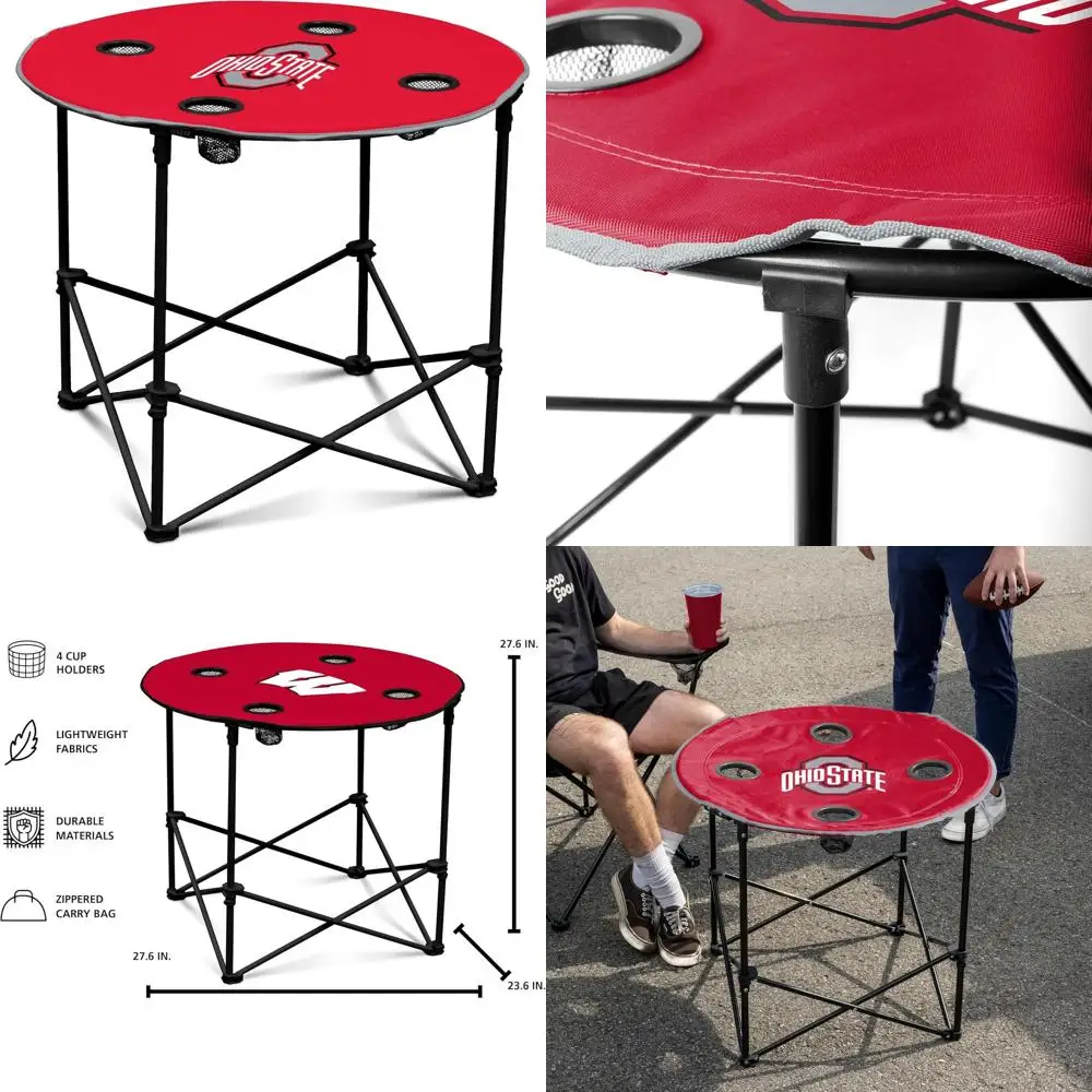 

Портативный круглый стол для пикника NCAA Ohio State Buckeyes со складными ножками, 4 подставками для стаканов, сталь с порошковым покрытием, диаметр 27,6 дюймов.