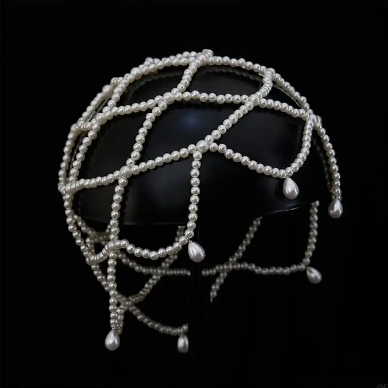 49MC Women's Handmade Pearls Hat Elastic Pearls Headband Light weight Wedding Hat for Weddings and Bridal Event