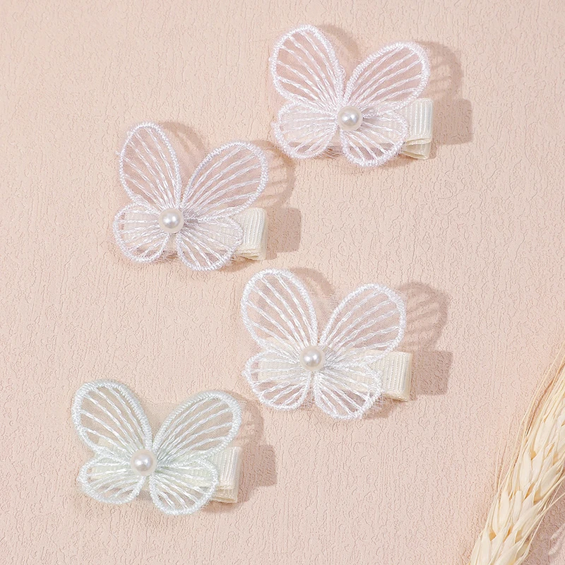 4Pcs/set White Polyester Pearl Butterfly Embroidered Lace Hair Clip for Girls Fashion Cute Seamless Hair Grips Kids Headwear Set