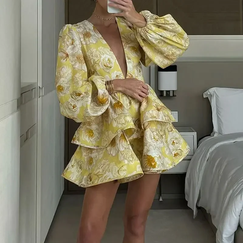 Elegante e elegante flor impressão mini vestido feminino chique com decote em v puff manga longa dupla camada plissado mini vestido 2025 outono novo