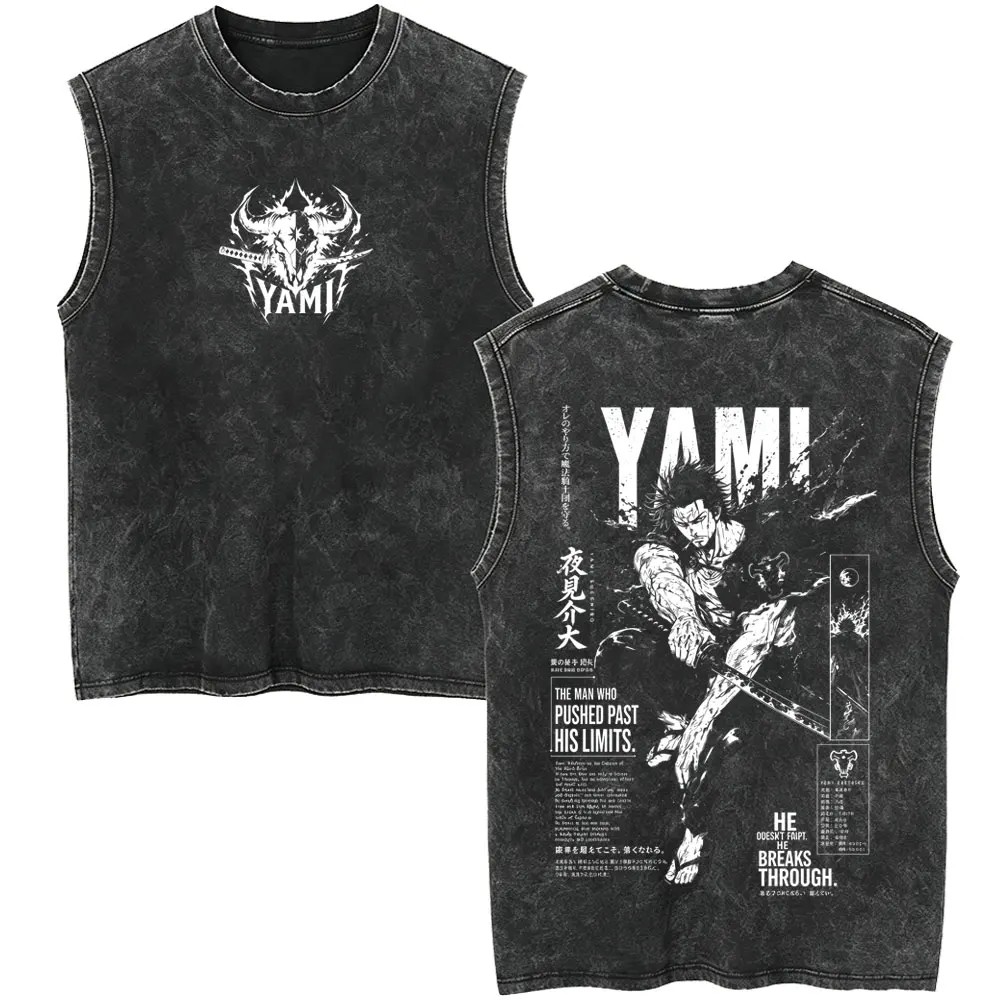 Anime Black Clover Yami Sukehiro Retro Washed Tank Tops Men Cotton Oversized T Shirt Men's Manga Vintage Sleeveless Vest T-shirt