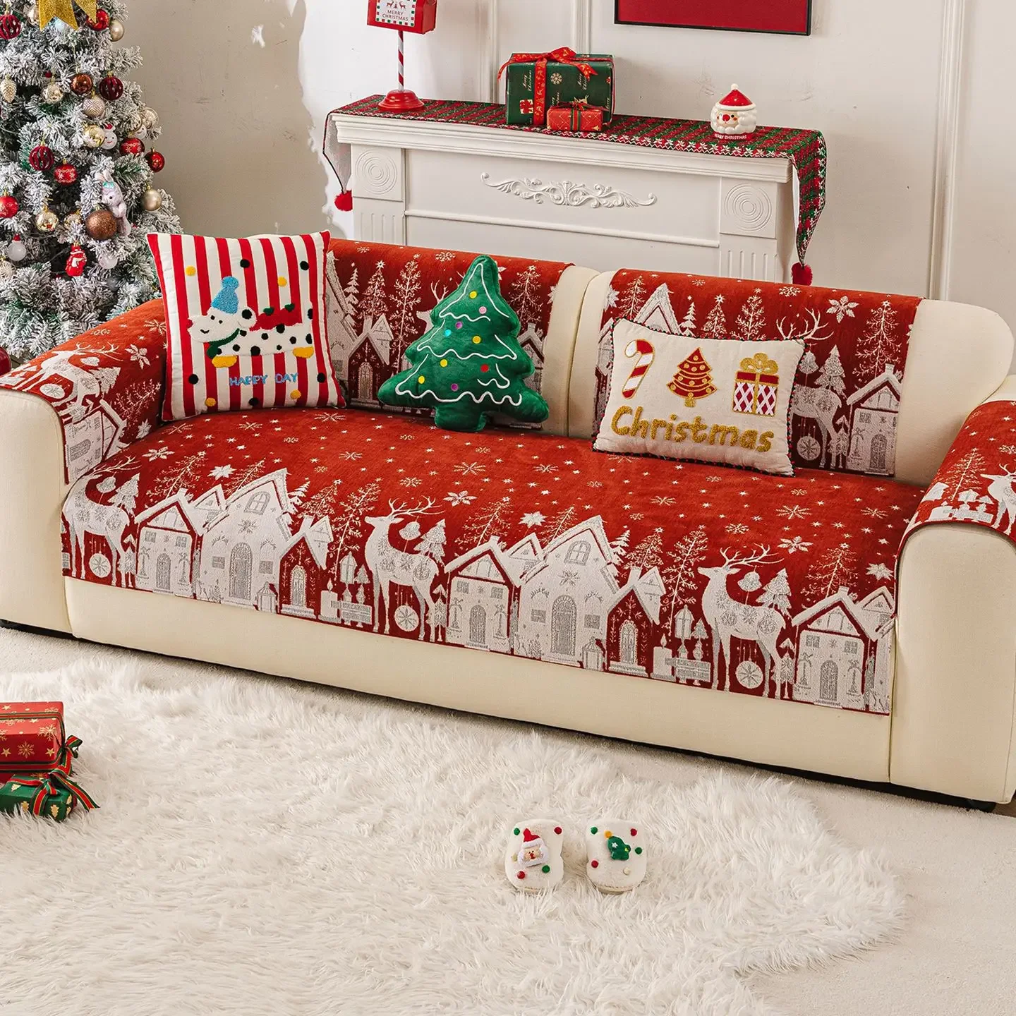 Christmas Style Thickened Sofa Cover Fabric New One-piece Anti Slip Sofa Cushion Cover Skin Friendly Suitable for All Seasons