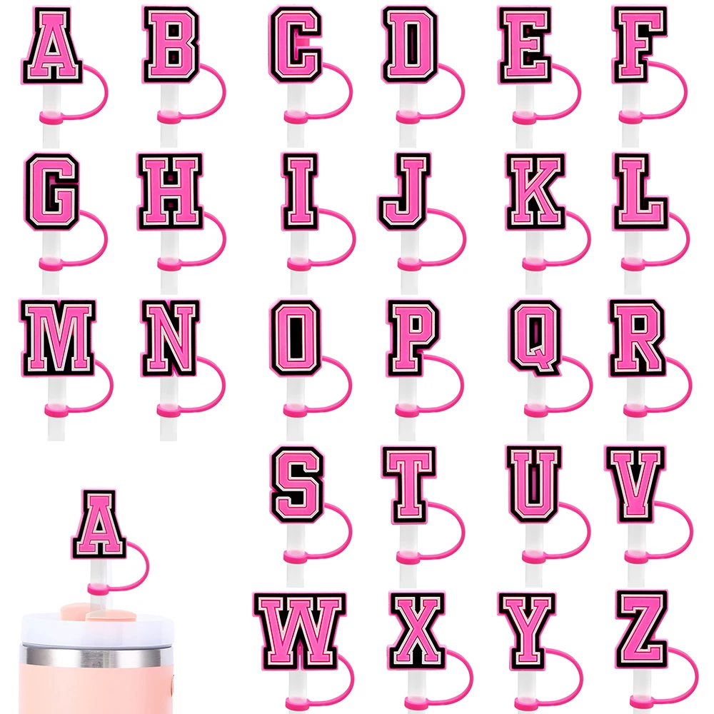 

1-26PCS Pink letter Straw Cover Cap 10MM Drink Straw Plug Reusable Splash Proof Drinking Fit Cup Straw Cap Charms Pendant