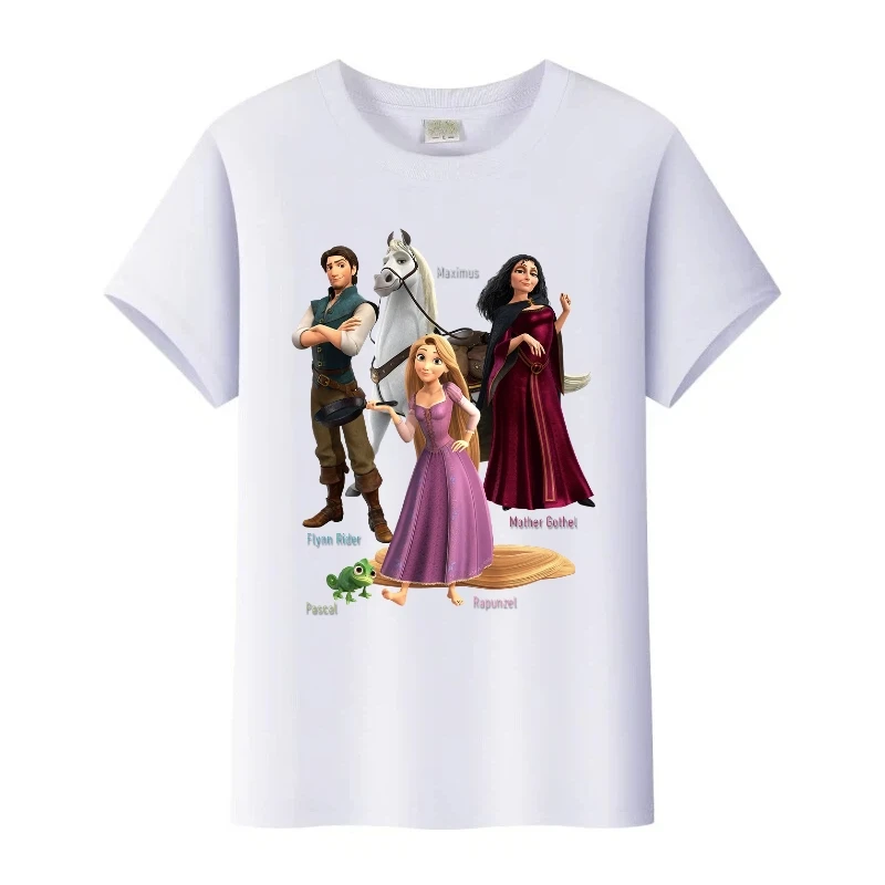 أزياء ديزني رابونزيل الأميرة الأطفال لباس أبيض قصير الأكمام تي شيرت امرأة فضفاضة التي شيرت زوجين الأسرة س الرقبة المحملة الرجال بلوزة #1