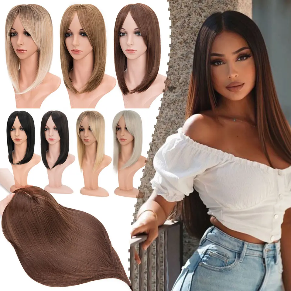 

Snoilite Synthetic 14" Long Hair Toppers With 3 Clips Hair Extension Clip in Natural Topper Hairpieces with Bangs Natural Color