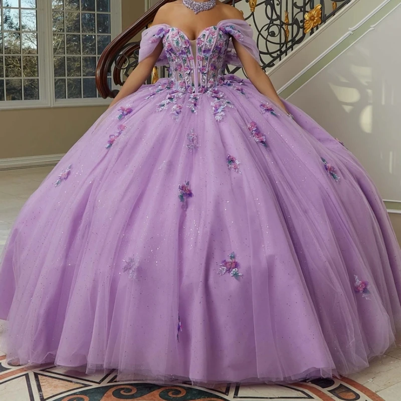 

Luxury Lilac Shiny Mexican Quinceanera Dressess Off The Shoulder Applique Lace Tull Lace Up Corset Sweet 16 Vestido 15 De Años