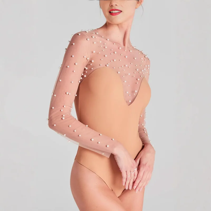 

Sexy Hollowed out V-Ne Slim Dr Spring Summer Long Sve Inner Bubble Bead Patterned One-Piece Ultra-Thin Polyester