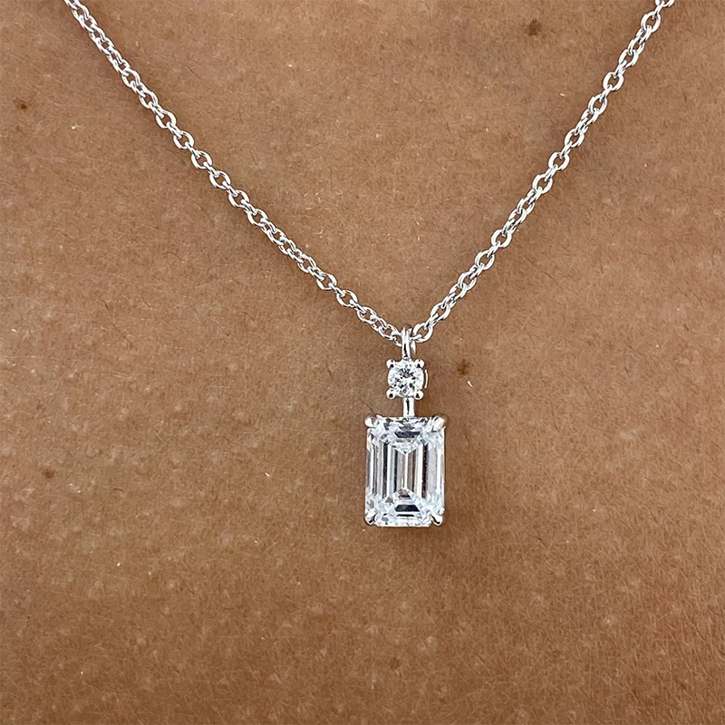 14K White Gold/925 White Silver Pendant Emerald & Round Cut CVD HPHT 1.24Ct DEF-VS Lab Grown Diamonds Setting Elongated Necklace