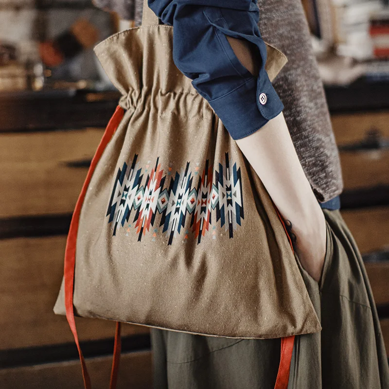 Maden Vintage Women's Khaki Canvas Tote Bag Navajo Print Handbag with Red Drawstring Shoulder Bag Vintage Causal Hobo Bag
