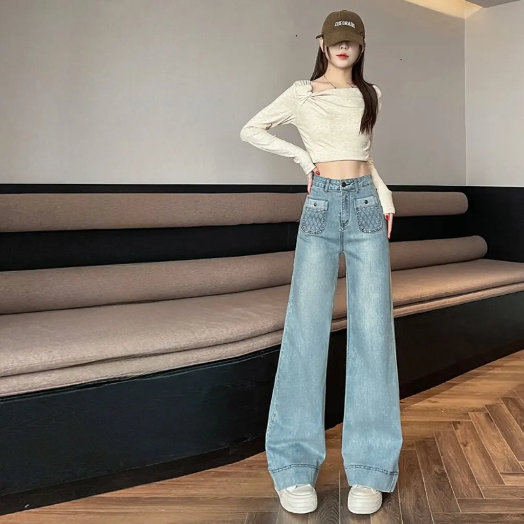 جينز أزرق فاتح عالي الخصر واسع الساق للنساء، سروال مستقيم فضفاض قابل للتمدد، تصميم صغير، مجموعة الخريف