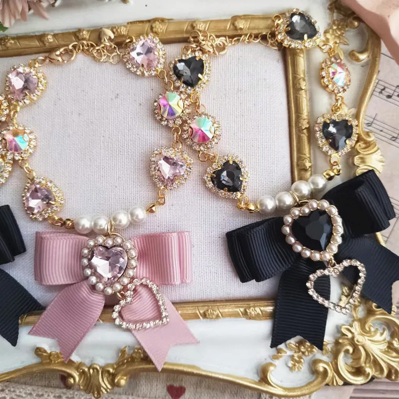 Lolita Handmade Japanese Sweet and Cute Lady Soft Girl Love Lace Bow Rhinestone Beaded Bracelet Jewelry Jewelry Making