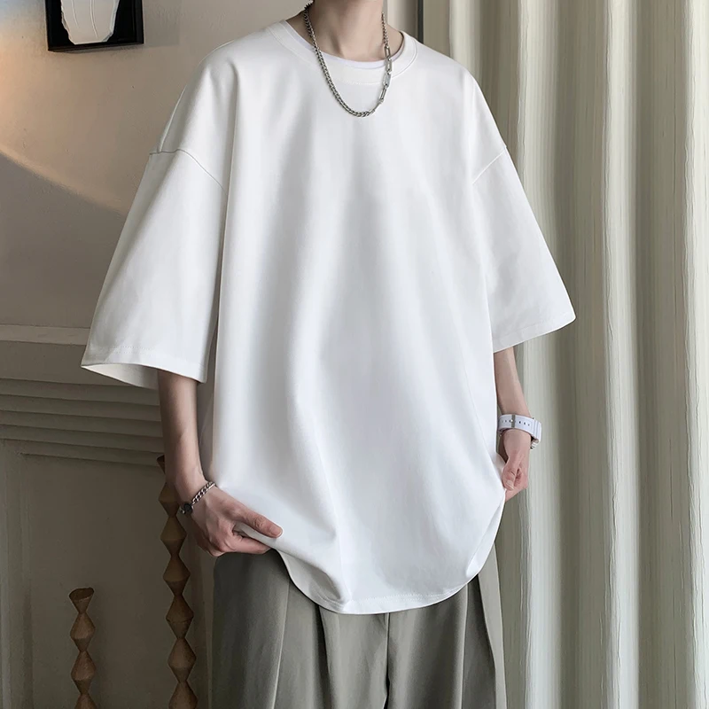 Letnie bawełniane koszulki męskie Solidne koszulki codzienne Męskie luźne koszulki z krótkim rękawem Moda Biało-niebieska koszulka Odzież męska Plus Size 5XL
