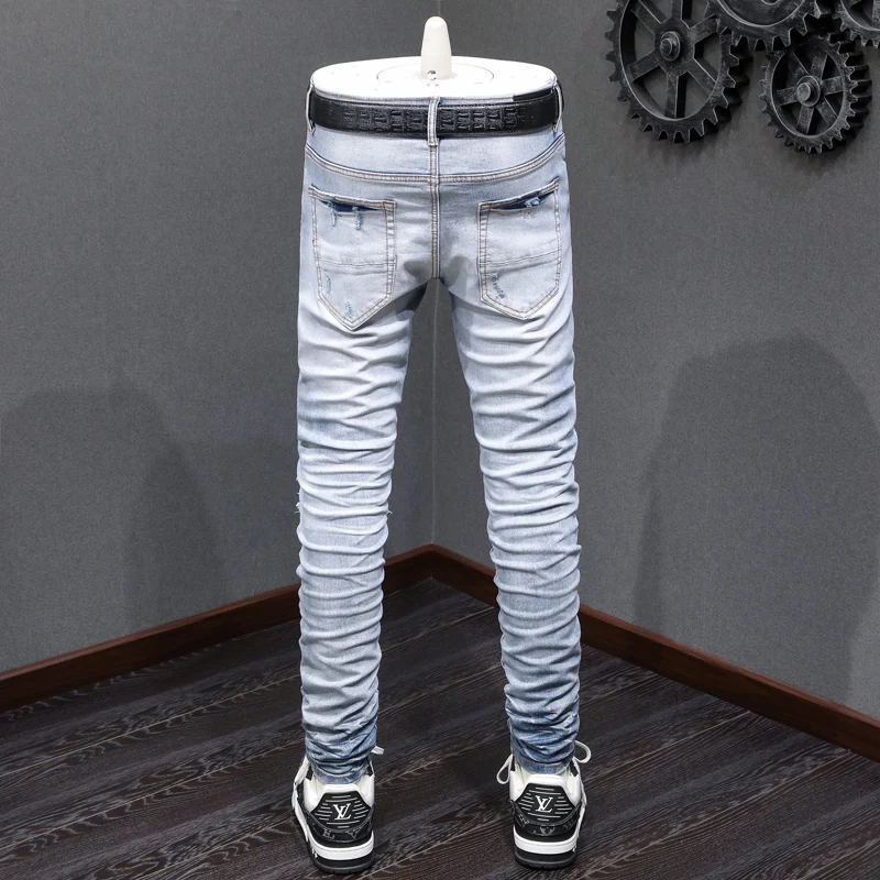 fashion newY2K jeans stretch slim fit ripped holey2k white patch washed nostalgic retro light blue jeans high street designer