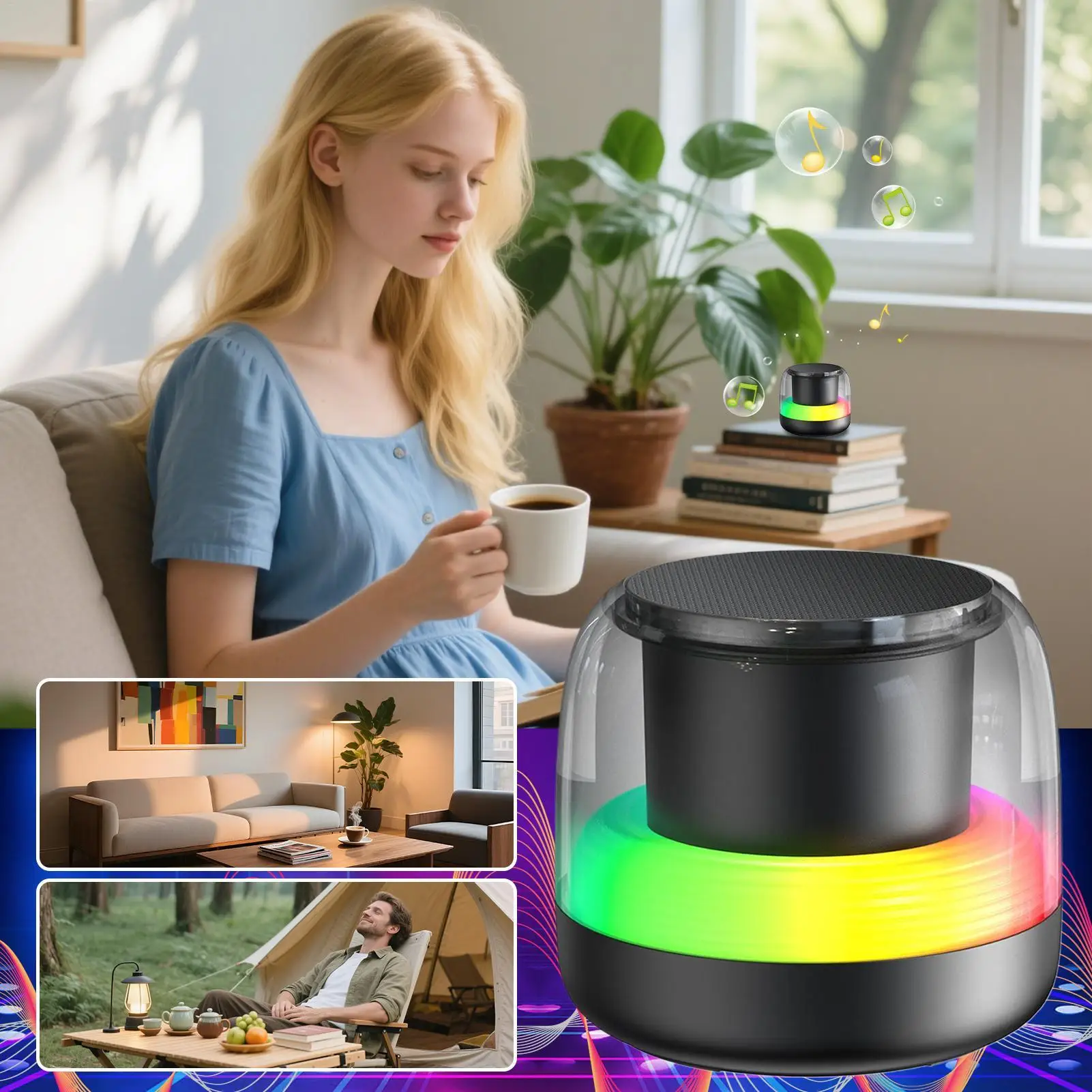سماعات سطح المكتب لاسلكية 5.0 مضخم صوت مع ضوء RGB مشغل موسيقى صوت محمول مع 7 تنفس متدرج مسبقًا