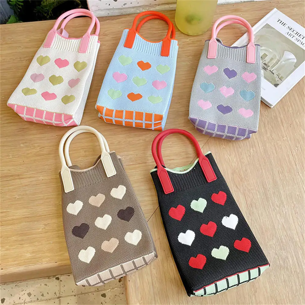 Korean Knitted Phone Bags Creative Heart Knitting Shoulder Bag Handbag Women\'s Girls Shopping Bags For Key Mobile Phone Storage