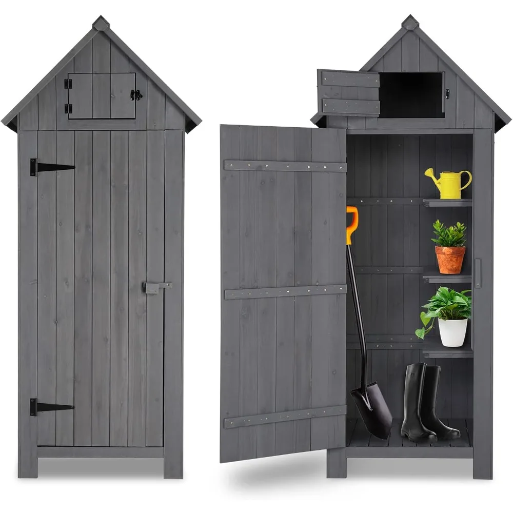 Outdoor Storage Shed, 70 Inch Wooden Garden Storage Cabinet, Waterproof Tool Storage Cabinet with Lockable Door, Wooden Garden