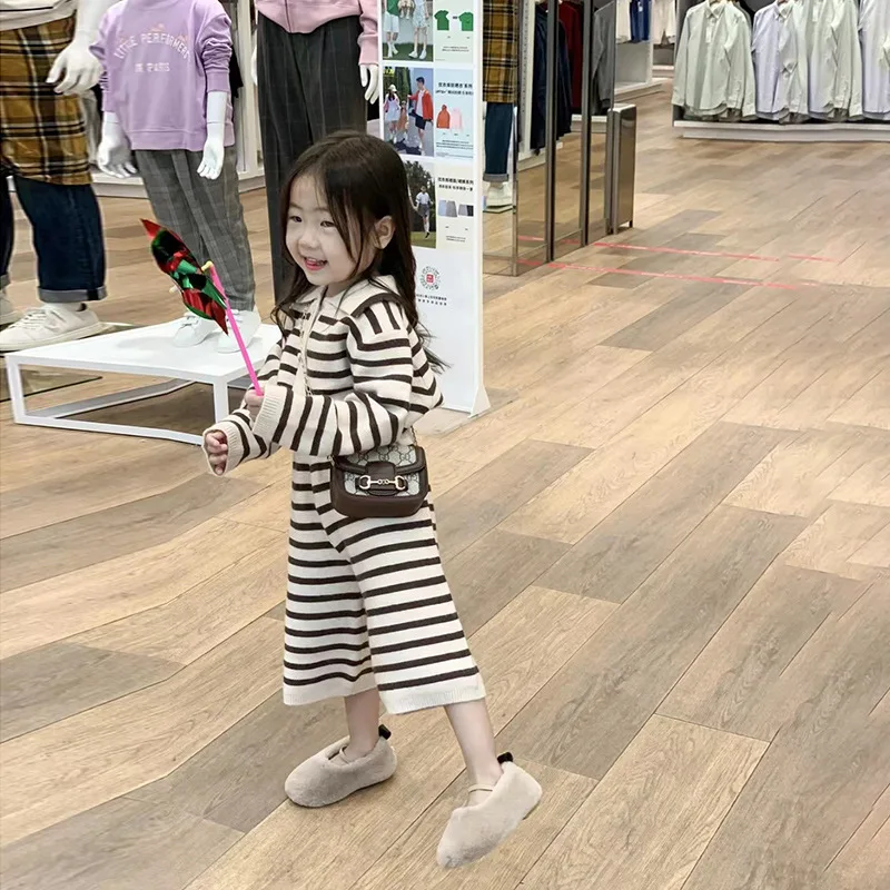 Girls\' Set 2024 Spring Autumn New  Striped Childrens Wear Korean Fashion Collar Striped Shirt Pants Two Piece Set