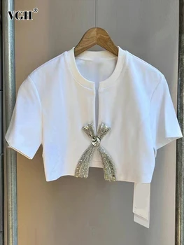 VGH Katı Patchwork Elmas Bölünmüş T Shirt Kadınlar Için Yuvarlak Boyun Kısa Kollu Zayıflama Minimalist T Shirt Kadın Moda Stil