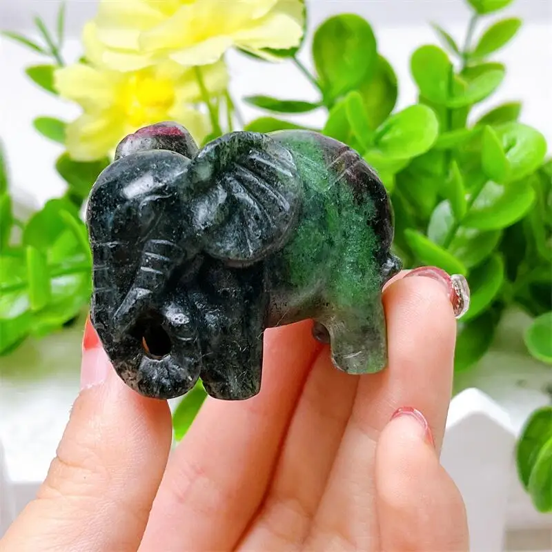 2PCS Natural Ruby In Zoisite Elephant Carving Animal Crafts Healing Crystal Stone Feng Shui Home Decoration Gift