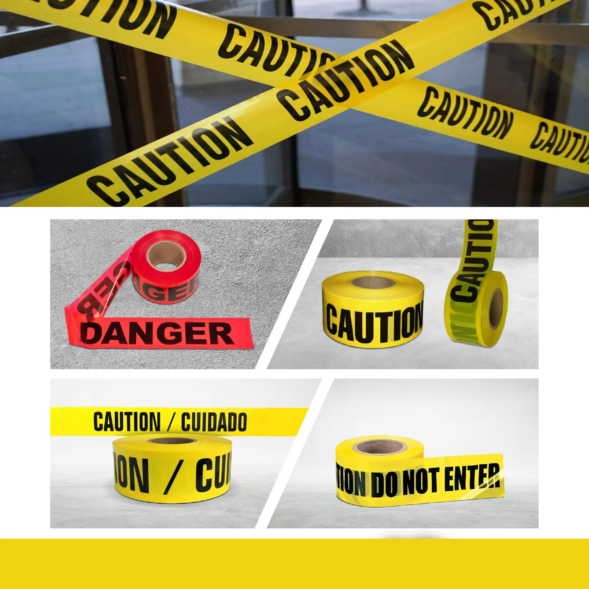 Premium Yellow Caution Tape, Bright Yellow W, Wide for Maximum Readability, Strongest & Thickest Tape for Danger/Hazardous Areas