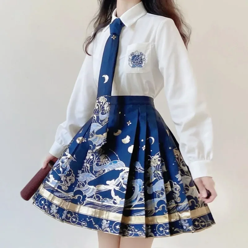 

Chinese Traditional Hanfu Clothing, Vintage JK Suit Printing, Folk Dance Skirt,Gold Stamping, improved Hanfu Horse Face Short Sk