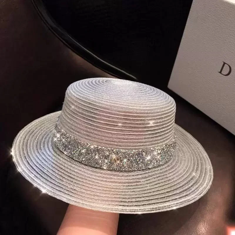 UV-Protective Rhinestone and Silver-Thread Sun Hat: Versatile Outdoor Straw Hat for Summer, Beach Vacations, and The Beach