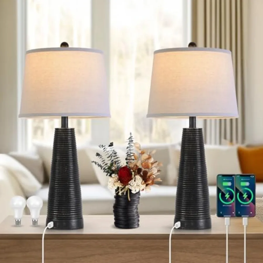 Nightstand Lamp Bedside Lamps Set of 2 Desk Lamp Vtage Rustic Farmhouse Table Lamp 3 Way Dimmable LightBulb*2 USB A+C Port