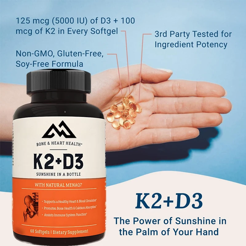 

Vitamin K2 MK7 with D3 supplement | Bone and heart health support 5000 IU -60 vegetarian soft capsules