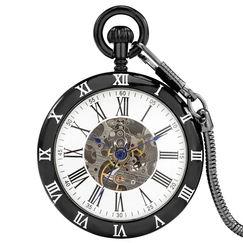 Steampunk Pocket Watch Bronze Case Men Women Skeleton Automatic Mechanical Watches Roman Number Display with Fob Pendant Chain