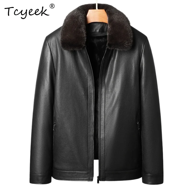 

Tcyeek Goatskin Detachable Whole Mink Inner Liner Autumn Winter Lapel Black Men's Genuine Leather Jacket Куртка Кожаная Мужская
