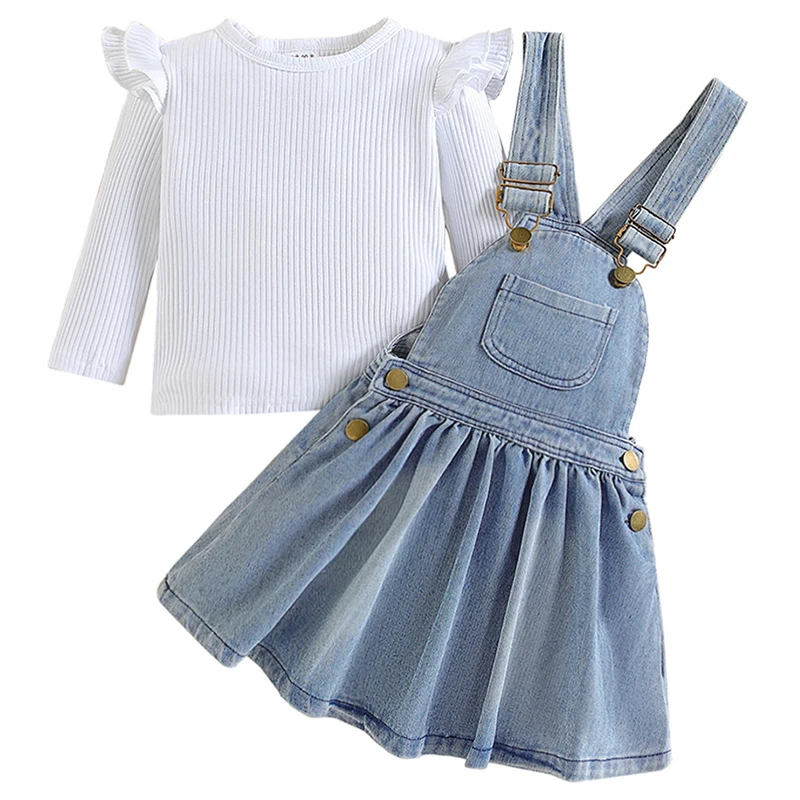 

2Piece Set Spring Fall Baby Girl Clothes Korean Casual Cute White Long Sleeve Tops+Denim Dress Children Boutique Clothing BC2258