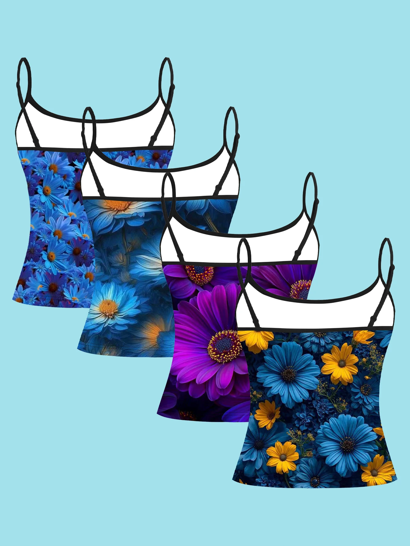 Women's 4-Piece Set of Printed Camisoles: Dark Blue Large Daisies, All-Over Blue-Purple Small Daisies, Giant Purple Gerbera, Blue and Yellow Mixed Daisy Pattern, Slim-Fit, Flattering, Outerwear, Sleeveless Tops