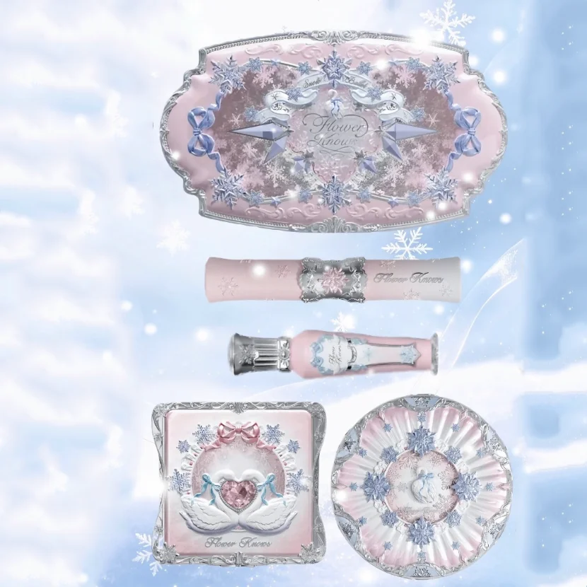 Flower Knows Snow Ballet Lidschattenpalette, gefriergetrocknetes Rouge und doppelseitiger Lippenstift, Fixierpuder – komplettes Ballet-Set