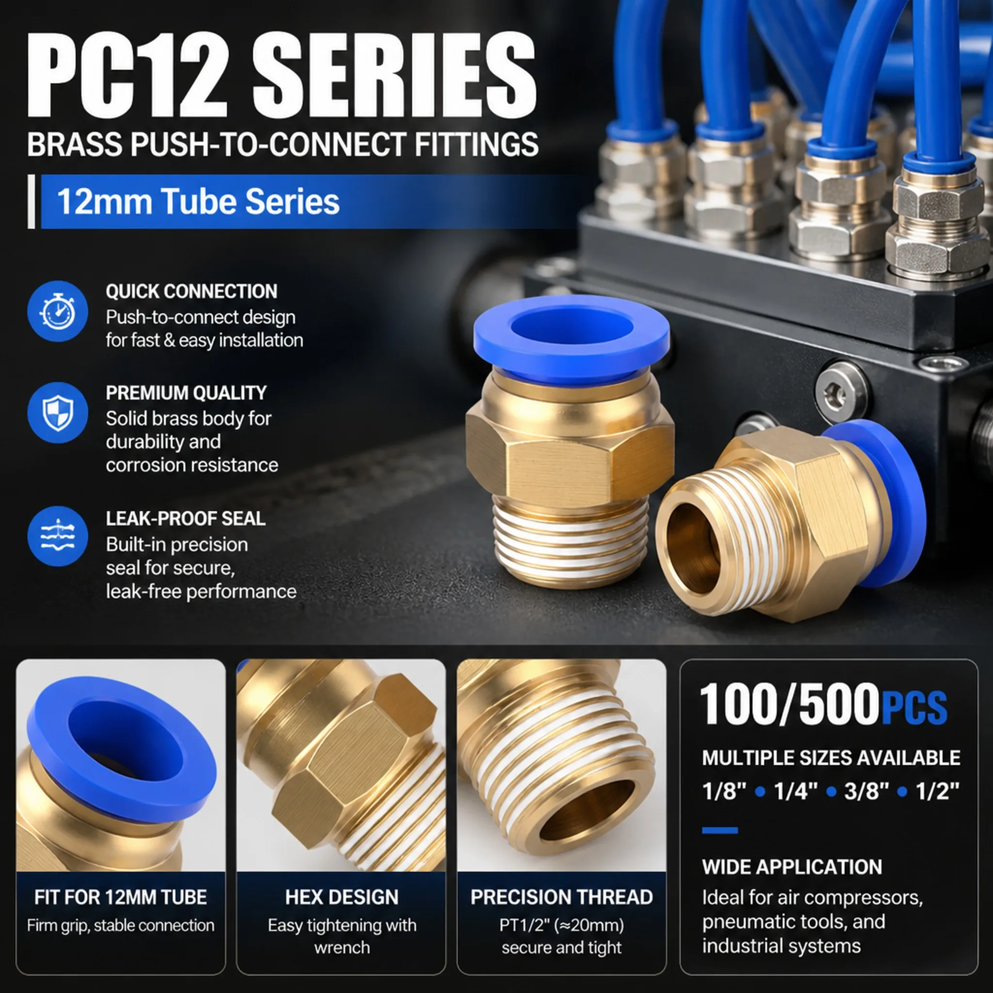 100 500 Pcs Brass Air Hose Fitting PC12 Pneumatic Push to Connect Adapter 12mm Tube 1/8 1/4 3/8 1/2 Inch Thread Quick Connector