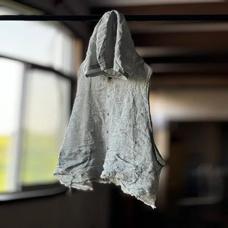 

New 2025 Summer Arts Style Women Hooded Vest Single Breasted Vintage Thin Linen Loose Sleeveless Coats Jacket High Quality 4357