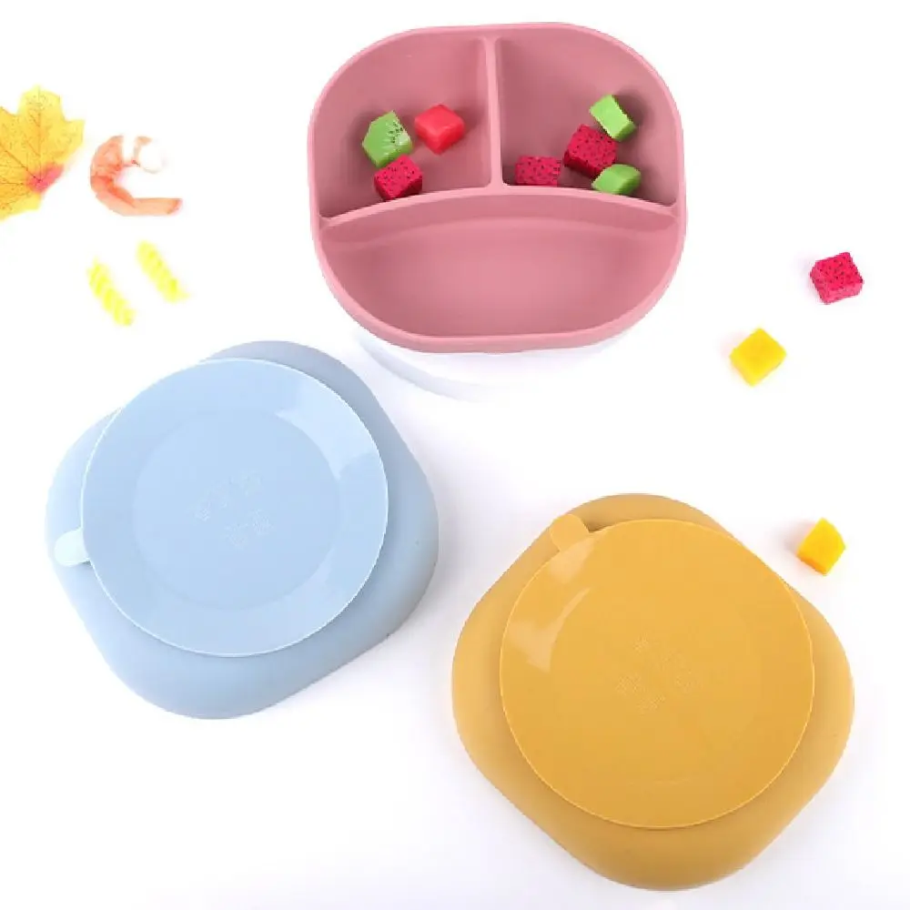 Cartoon Bear Baby Weaning Dishes Anti-Slip BPA-Free Toddler Feeding Tableware Easy Clean with Lid Divided Dinner Plate