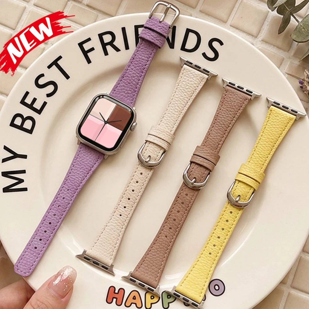 Slim Leather Strap For Apple Watch 49mm 46mm 45 44 42 41 40mm Textured Band For iWatch Series 11 10 9 8 7 6 5 4 SE Ultra 3 2