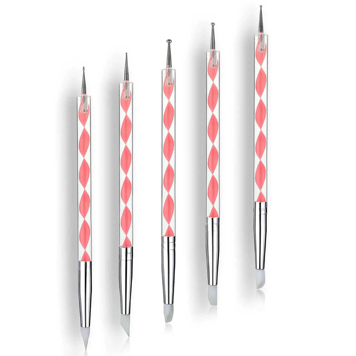 5Pcs Nail Art Acrylic Silicone Point Flower Pen Stainless Steel Dotting Tools 2-Way Marbleizing Painting Pens for DIY Nail Art