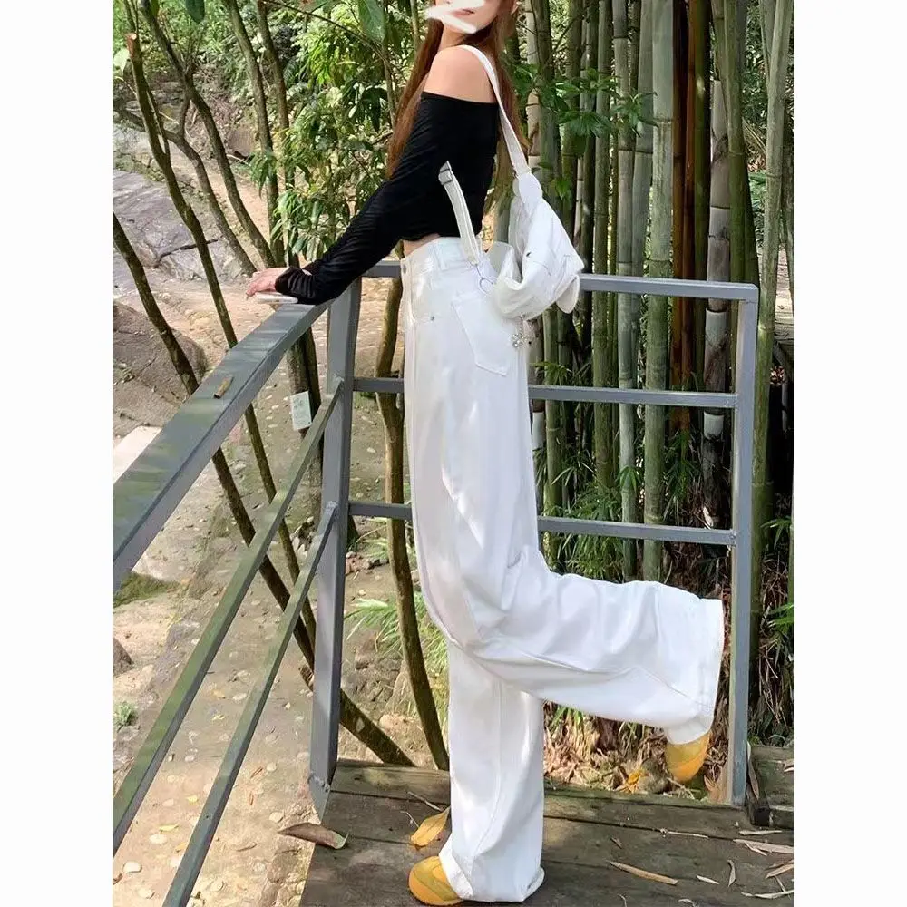 Witte wijde pijpen denim jeans dames herfst winter nieuwe losse slanke casual broek hoge taille rechte gevouwen veelzijdige lange broek