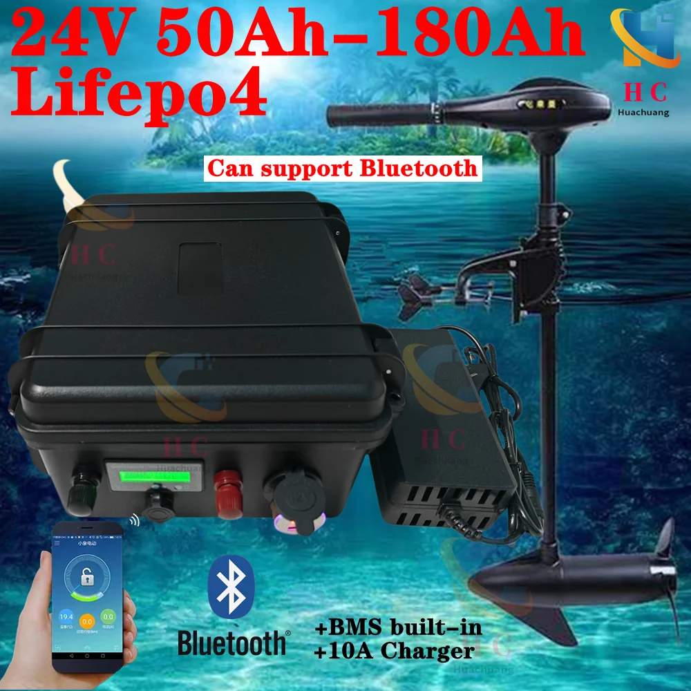 

Waterproof 24V 50Ah 60Ah 80Ah 100Ah 130Ah 150Ah 180Ah Lifepo4 battery BMS 8S for trolling motor solar system Camper+10A Charger