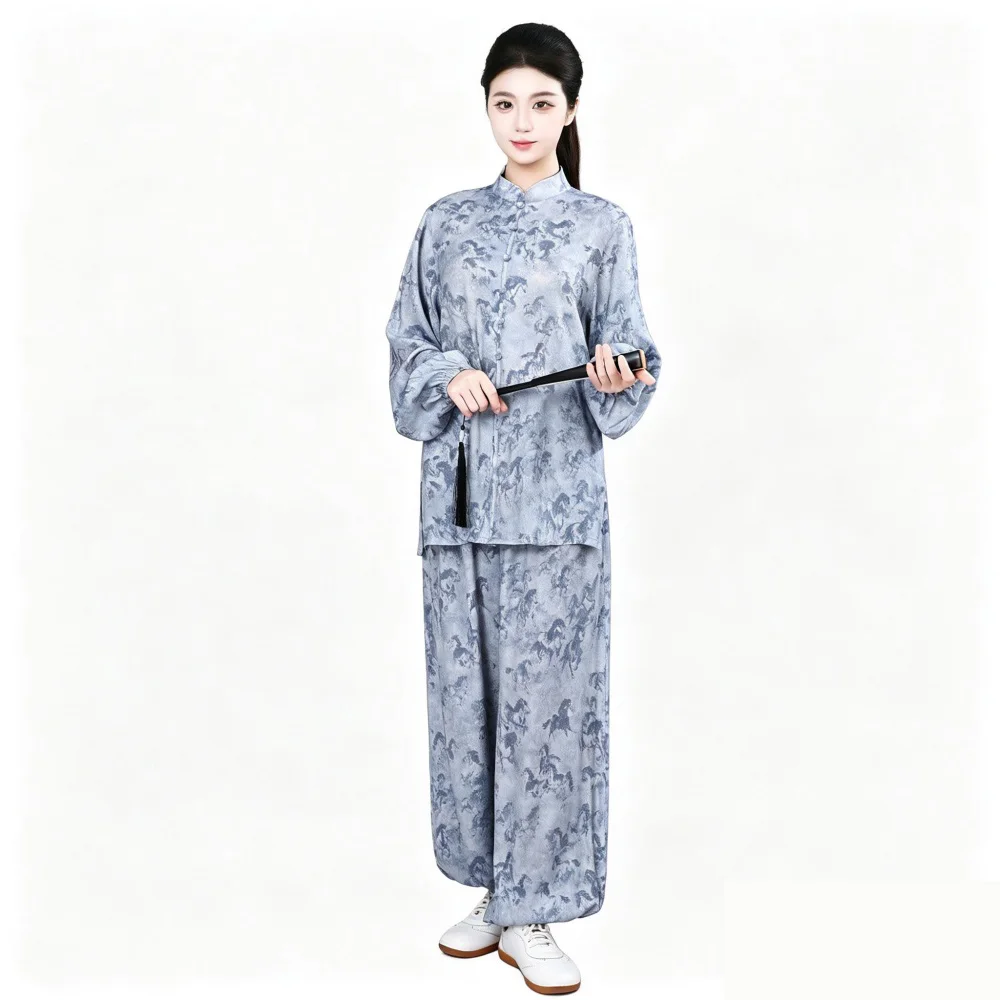 Women Chinese Style Tai Chi Uniform Cotton Linen Wushu Kung Fu Suit Long Sleeve Stand Collar Baguazhang Eight Brocade Training