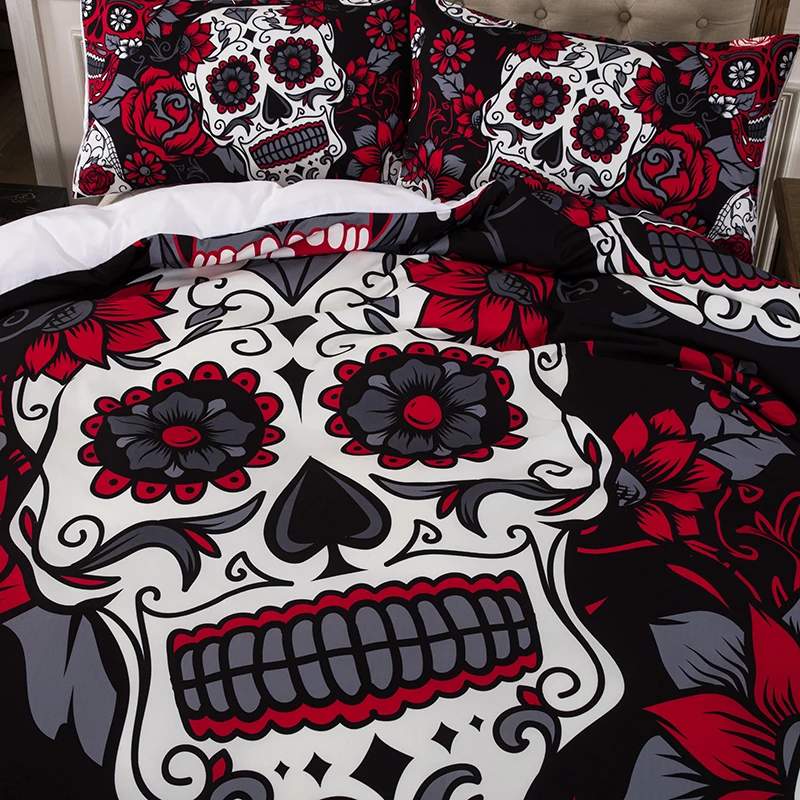 3D skull bed linen set cartoon watercolor rose flower skull quilt cover cushion cover queen size white bed cover set