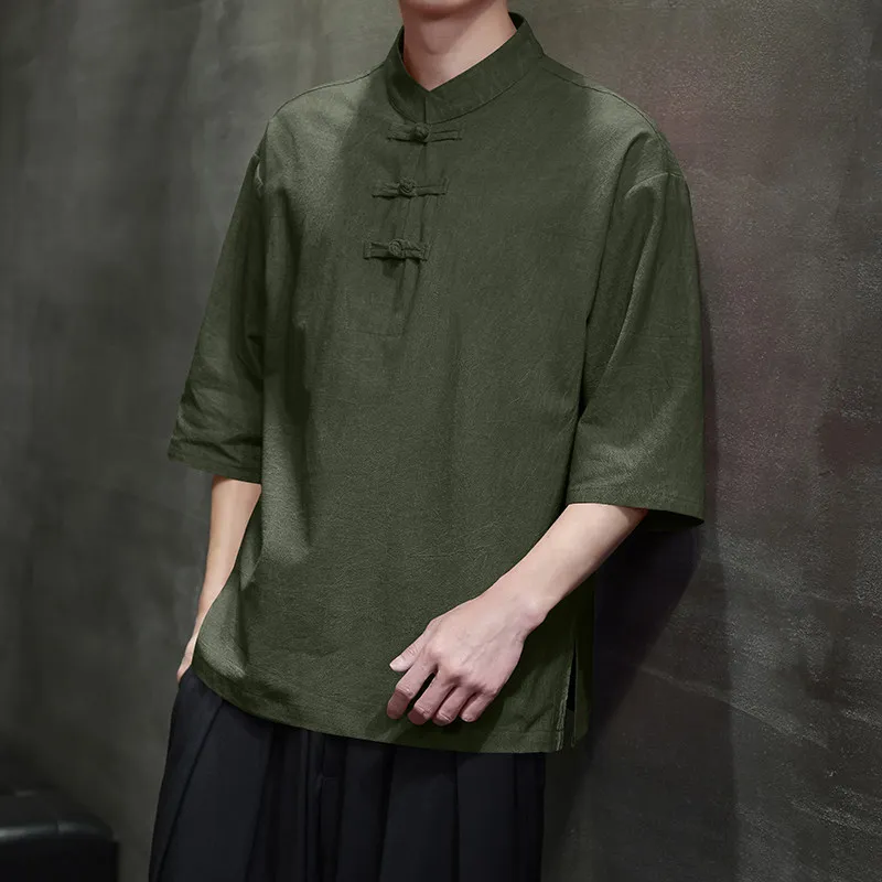 2026 Summer Chinese Style Cotton Short Sleeve T-Shirt Men Frog Button Loose Casual Retro Ethnic Tee Male Daily Wear Tshirts