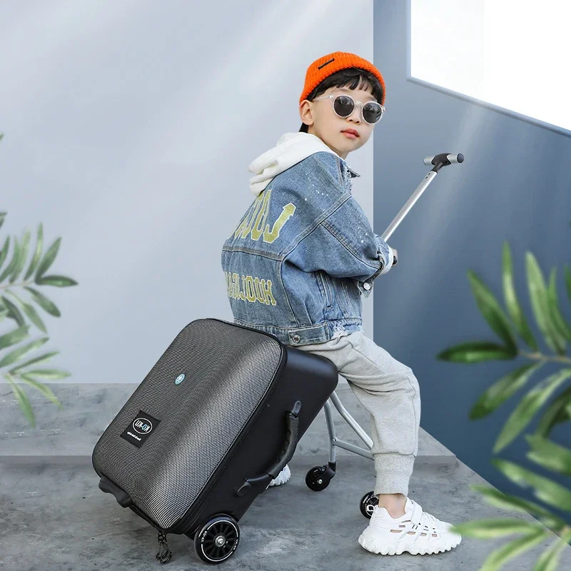 New creative carry on luggage kids baby sit on scooter men women travel suitcase bag lazy trolley case