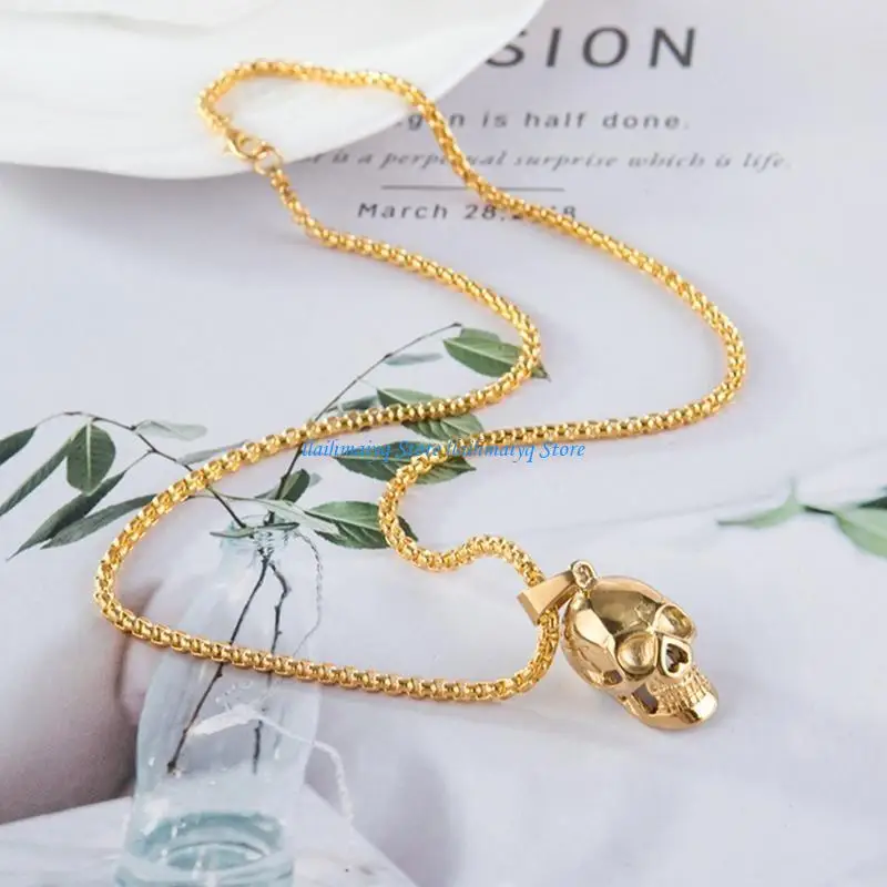 573B Mens Stainless Steel Gothic Skull Charm Pendant with Chain Necklace Devil Skull Punk Necklace Halloween Jewellery
