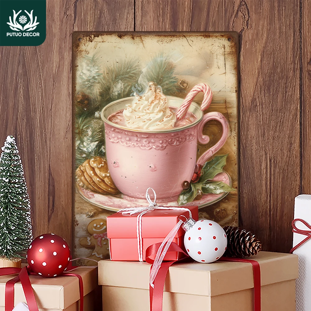 2D Flat Putuo Decor 1 Stück Vintage Metall Blechschild, Hot Cocoa Gingerbread Man Element, Wandkunst Dekor für Zuhause Weihnachtsfeier, Geschenk