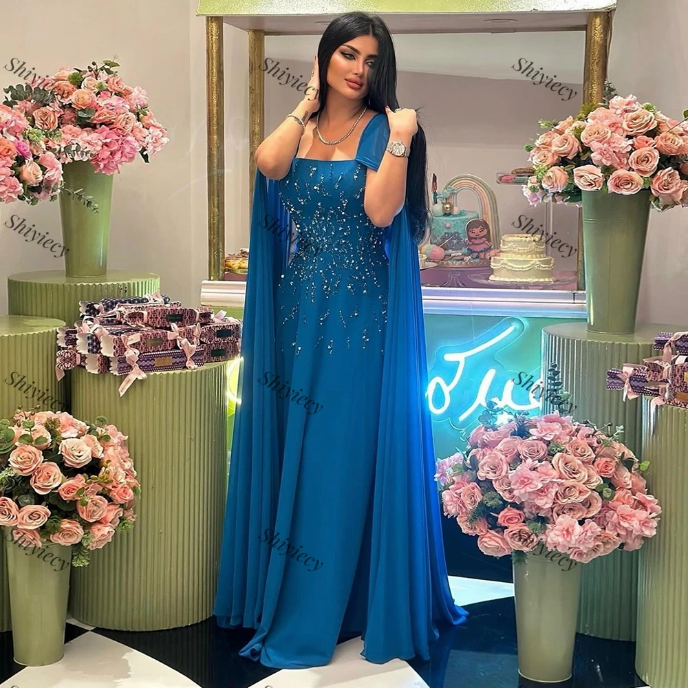 Blue Chiffon Beading Crystal Evening Dress Saudi Arabia A-Line Square Collar Prom Gowns with Wattuae Train Wedding Party Gowns