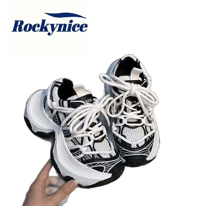 Women's Thick Bottom Dad Shoes 2026 Summer Breathable Mesh Chunky Sneakers 6CM Heels Lace-up Casual Sports White Shoes Woman