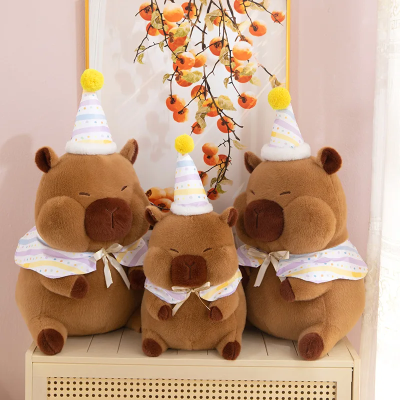 New Cute Capybara Plush Doll With Party Hat Soft Stuffed Toy Kids Soothing Pillow Room Decor Birthday Christmas Gift for Kids